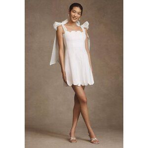 BHLDN Izzy White Mini Dress – Bow Strap Scallop Trim, Size S $250